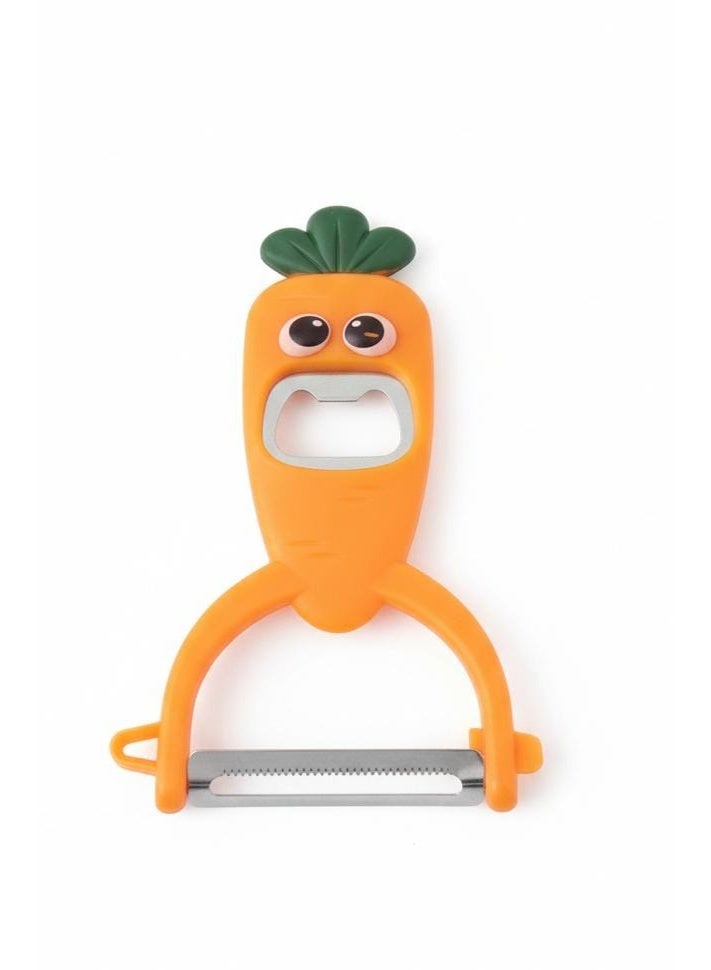 سبيس شوب مقشرة خضروات كرتونية 3 في 1 على شكل جزرة مقشرة فواكه من الفولاذ المقاوم للصدأ متعددة الوظائف مع فتاحة زجاجات مدمجة ومبشرة زنجبيل أداة مطبخ بمقبض مريح غير قابل للانزلاق برتقالي زاهي - Image 1